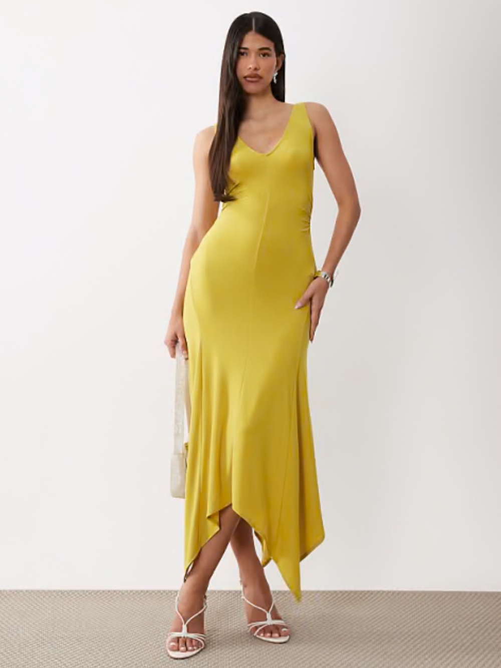 ASOS Yellow V-Neck Hanky Hem Midi Dress